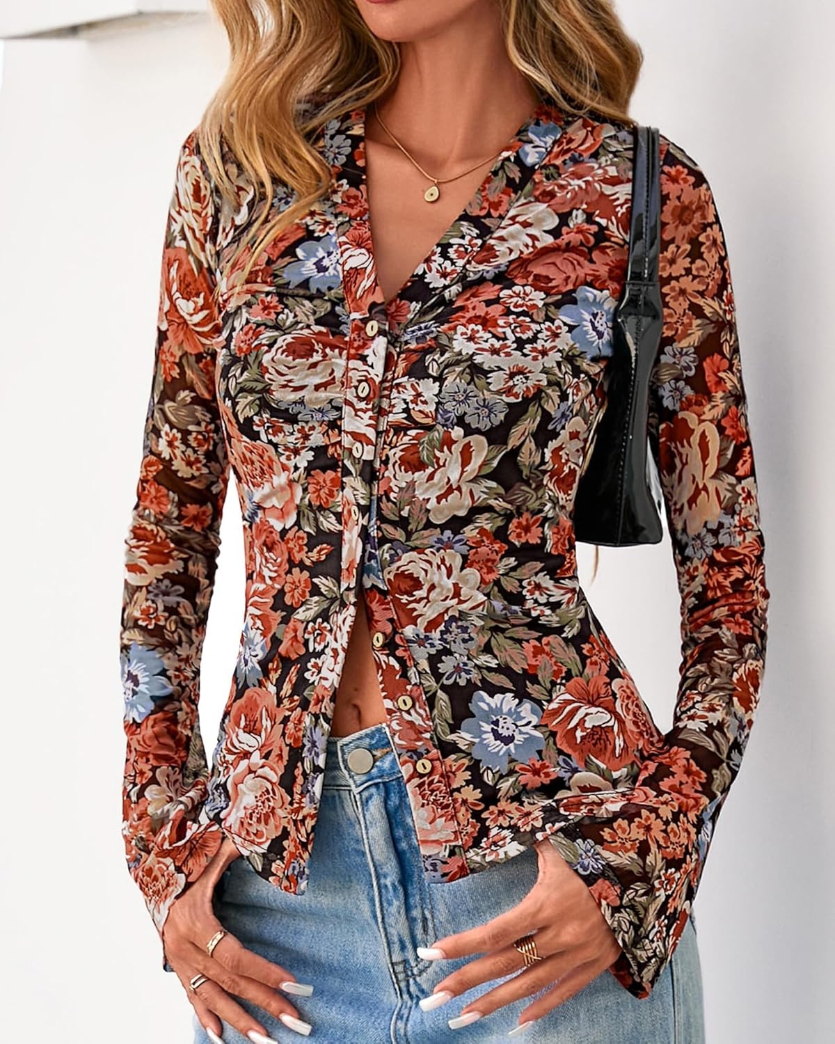 image:imageBTFBM Button Down Shirts for Women 2026 Spring Boho Tops V Neck Long Sleeve Blouses Ruched Mesh Fitted Fashion ClothingFloral Black Red