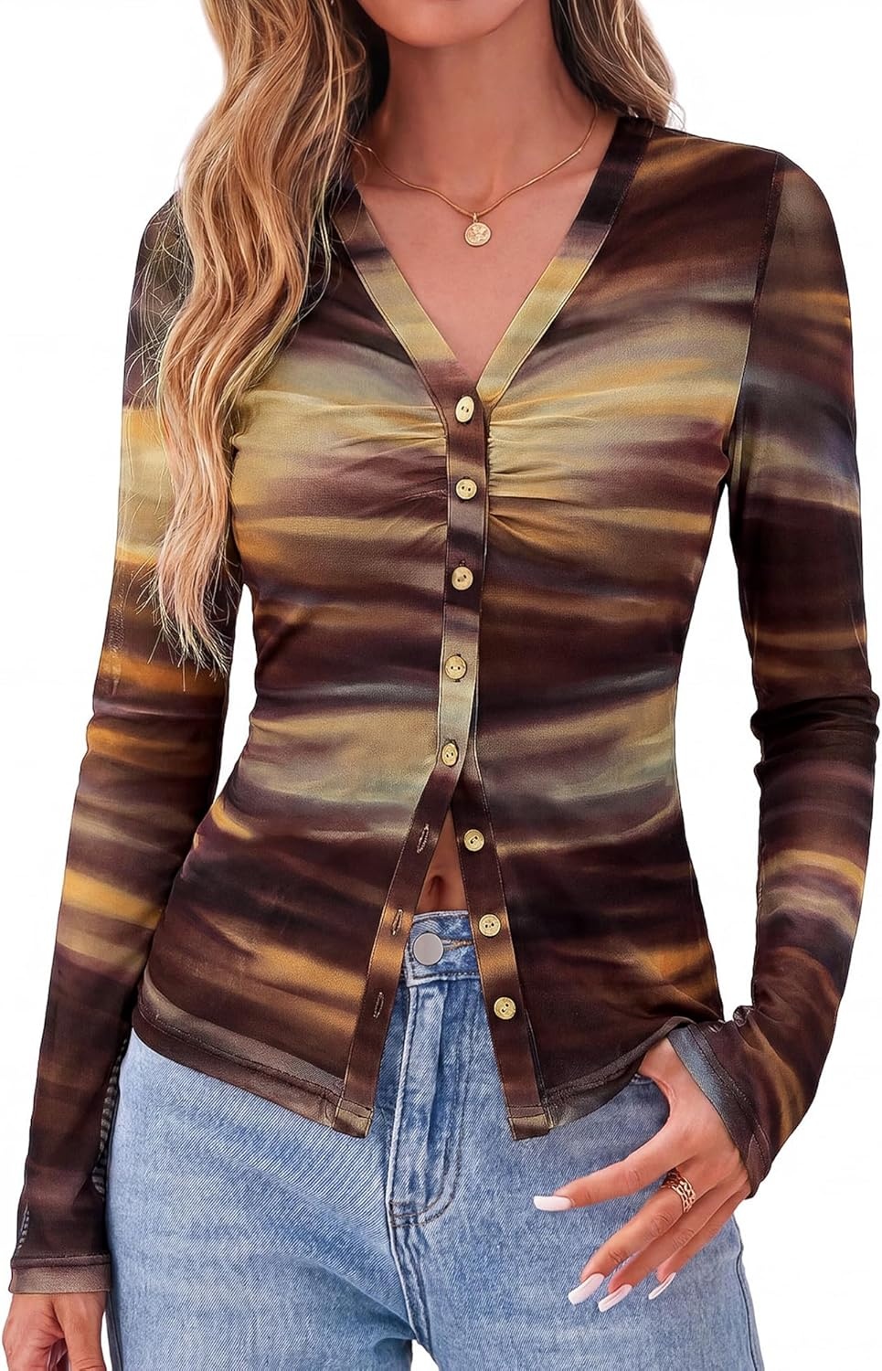image:imageBTFBM Button Down Shirts for Women 2026 Spring Boho Tops V Neck Long Sleeve Blouses Ruched Mesh Fitted Fashion ClothingFloral Brown