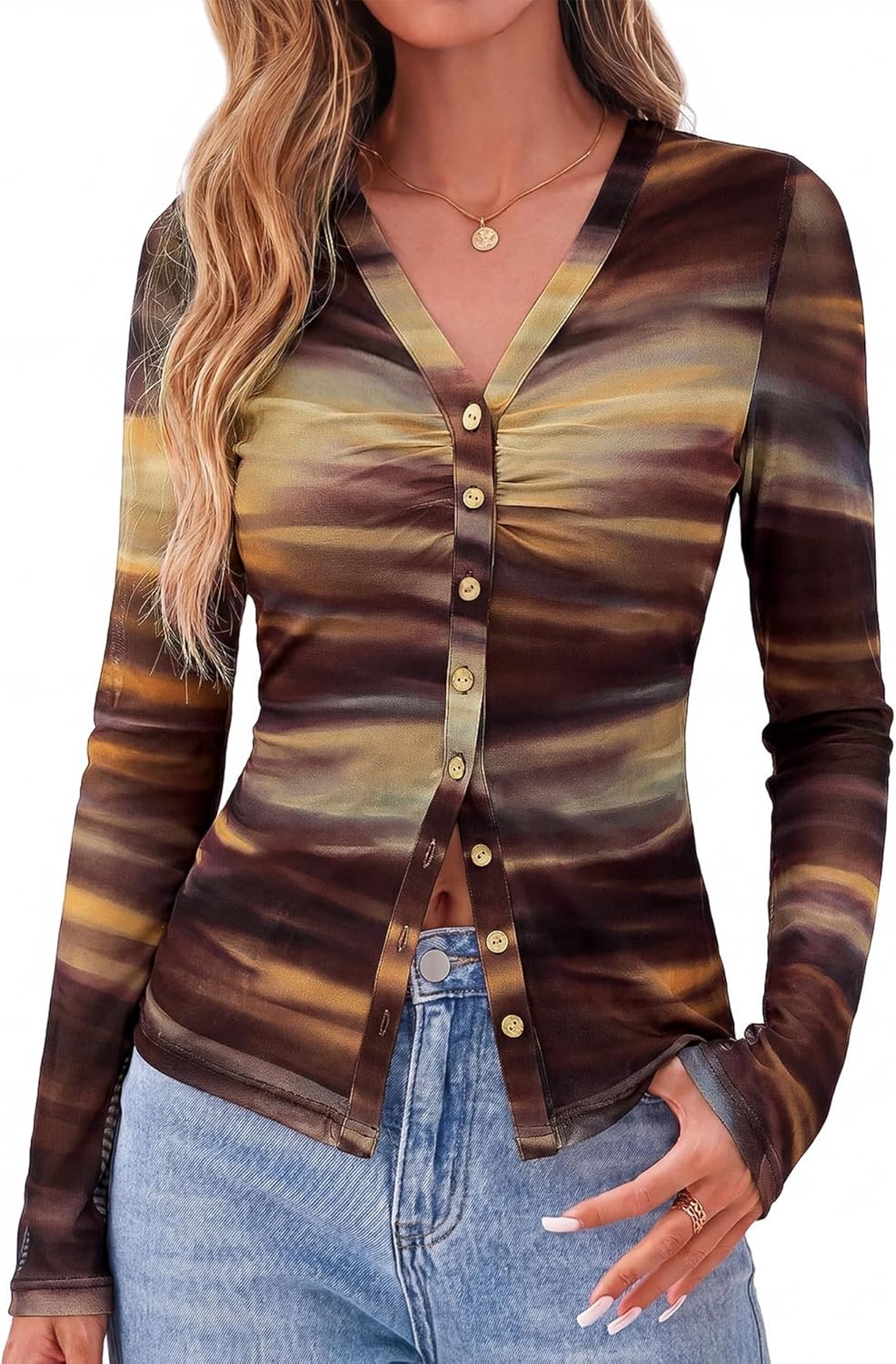 image:imageBTFBM Button Down Shirts for Women 2026 Spring Boho Tops V Neck Long Sleeve Blouses Ruched Mesh Fitted Fashion ClothingFloral Brown