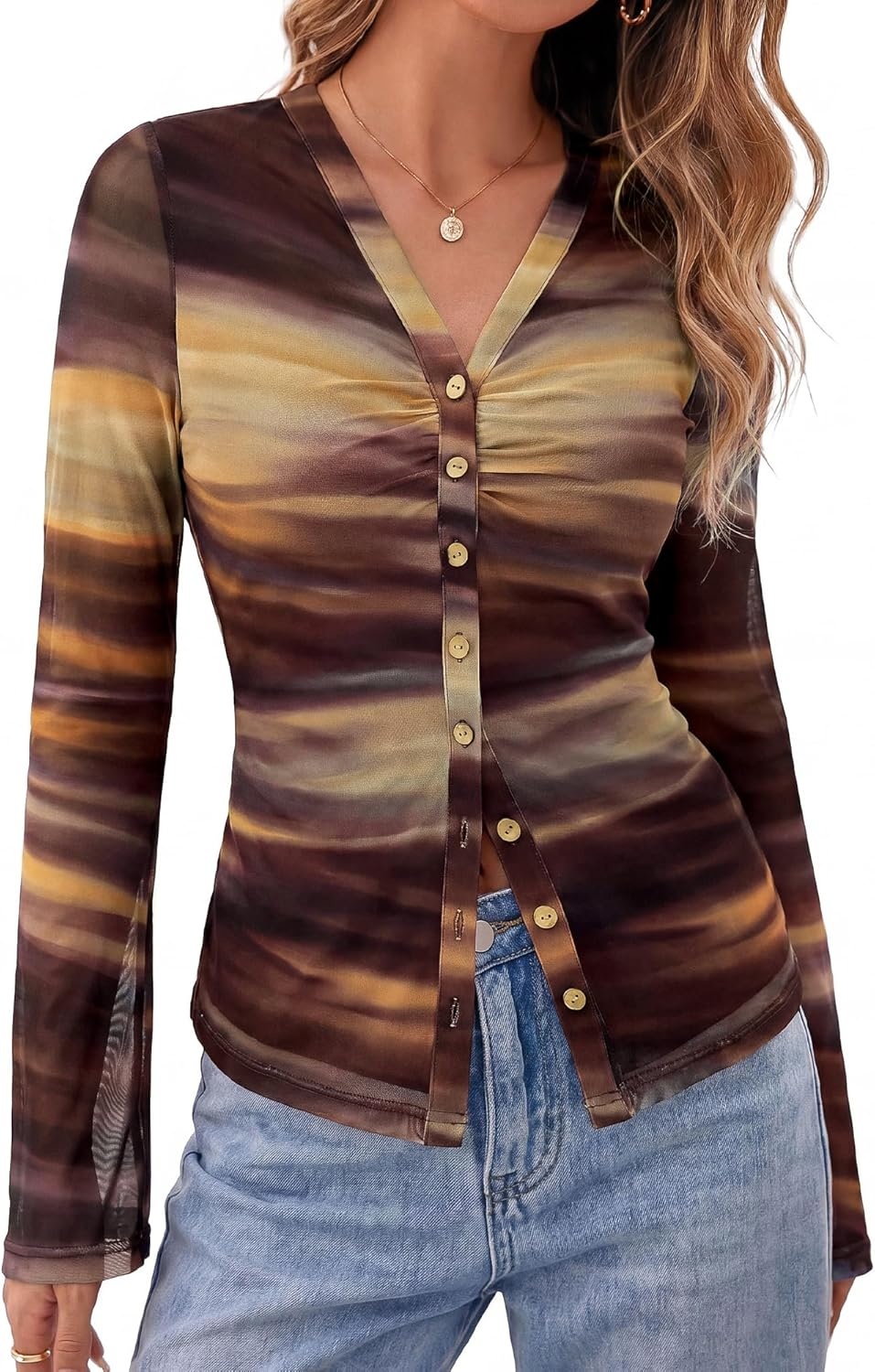 image:imageBTFBM Button Down Shirts for Women 2026 Spring Boho Tops V Neck Long Sleeve Blouses Ruched Mesh Fitted Fashion ClothingFloral Brown