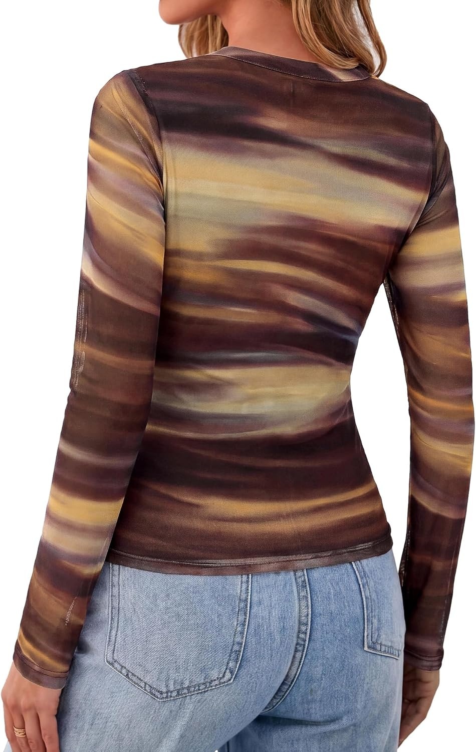 image:imageBTFBM Button Down Shirts for Women 2026 Spring Boho Tops V Neck Long Sleeve Blouses Ruched Mesh Fitted Fashion ClothingFloral Brown