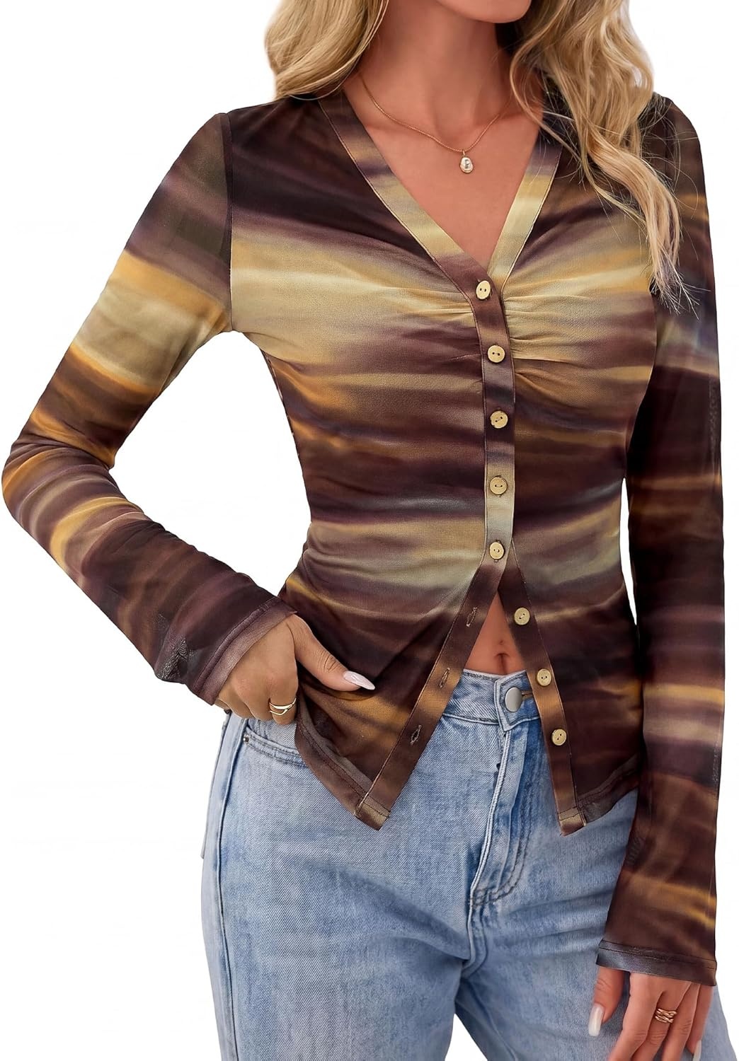 image:imageBTFBM Button Down Shirts for Women 2026 Spring Boho Tops V Neck Long Sleeve Blouses Ruched Mesh Fitted Fashion ClothingFloral Brown