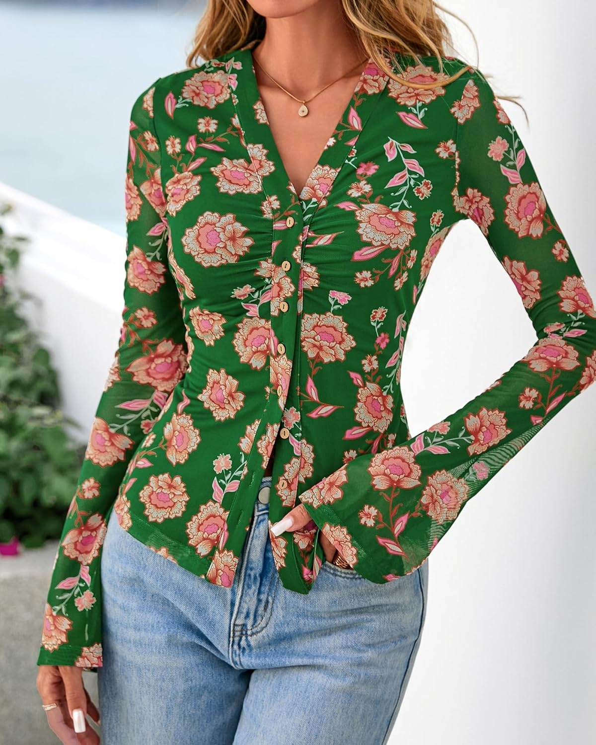 image:imageBTFBM Button Down Shirts for Women 2026 Spring Boho Tops V Neck Long Sleeve Blouses Ruched Mesh Fitted Fashion ClothingGreen
