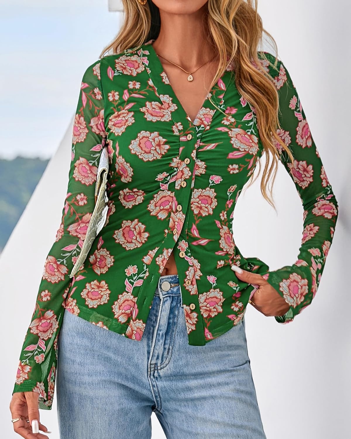 image:imageBTFBM Button Down Shirts for Women 2026 Spring Boho Tops V Neck Long Sleeve Blouses Ruched Mesh Fitted Fashion ClothingGreen