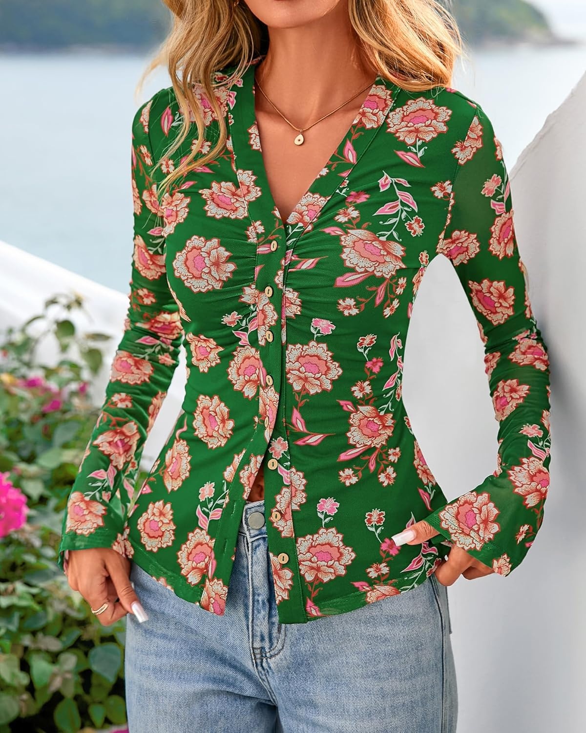 image:imageBTFBM Button Down Shirts for Women 2026 Spring Boho Tops V Neck Long Sleeve Blouses Ruched Mesh Fitted Fashion ClothingGreen