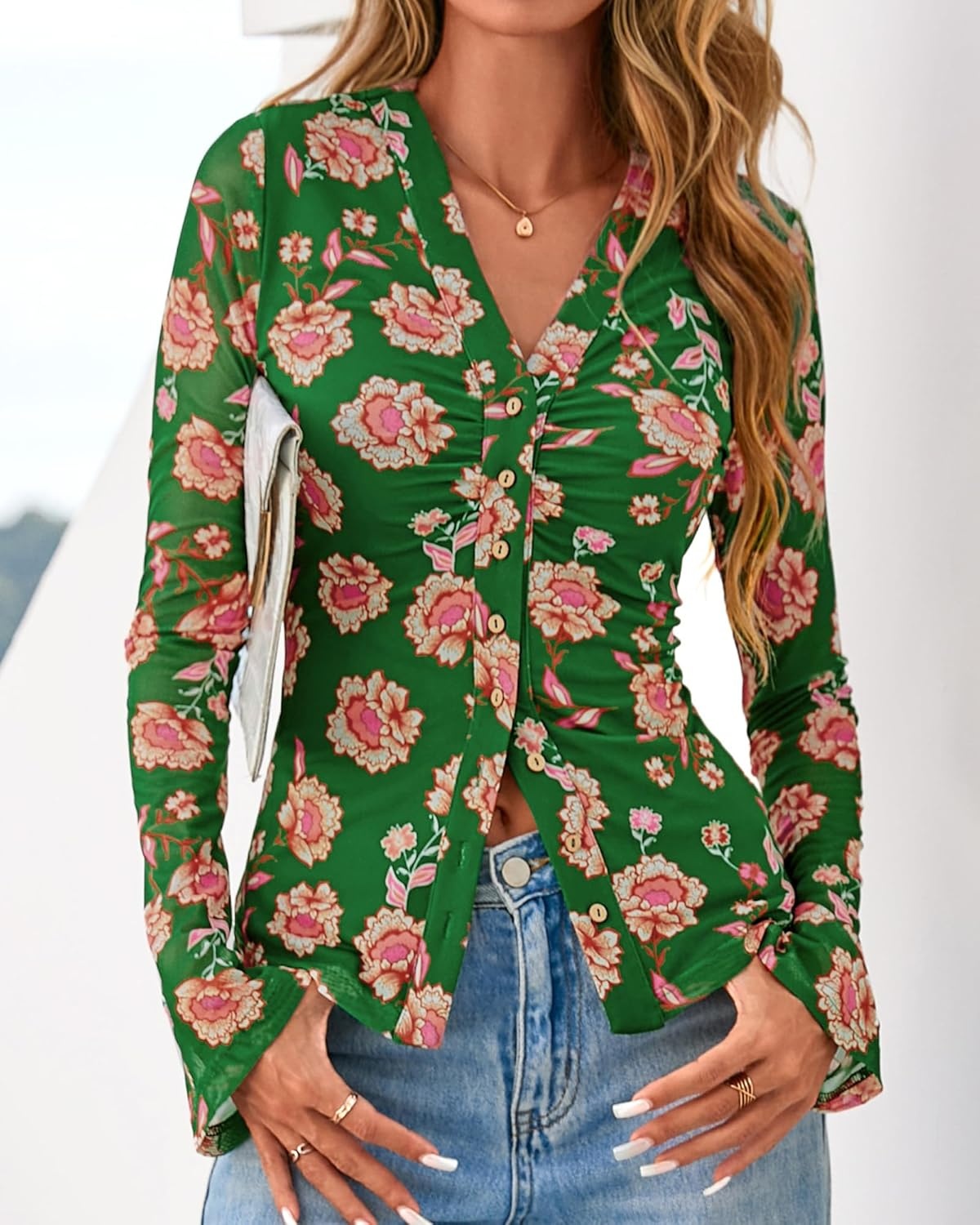 image:imageBTFBM Button Down Shirts for Women 2026 Spring Boho Tops V Neck Long Sleeve Blouses Ruched Mesh Fitted Fashion ClothingGreen