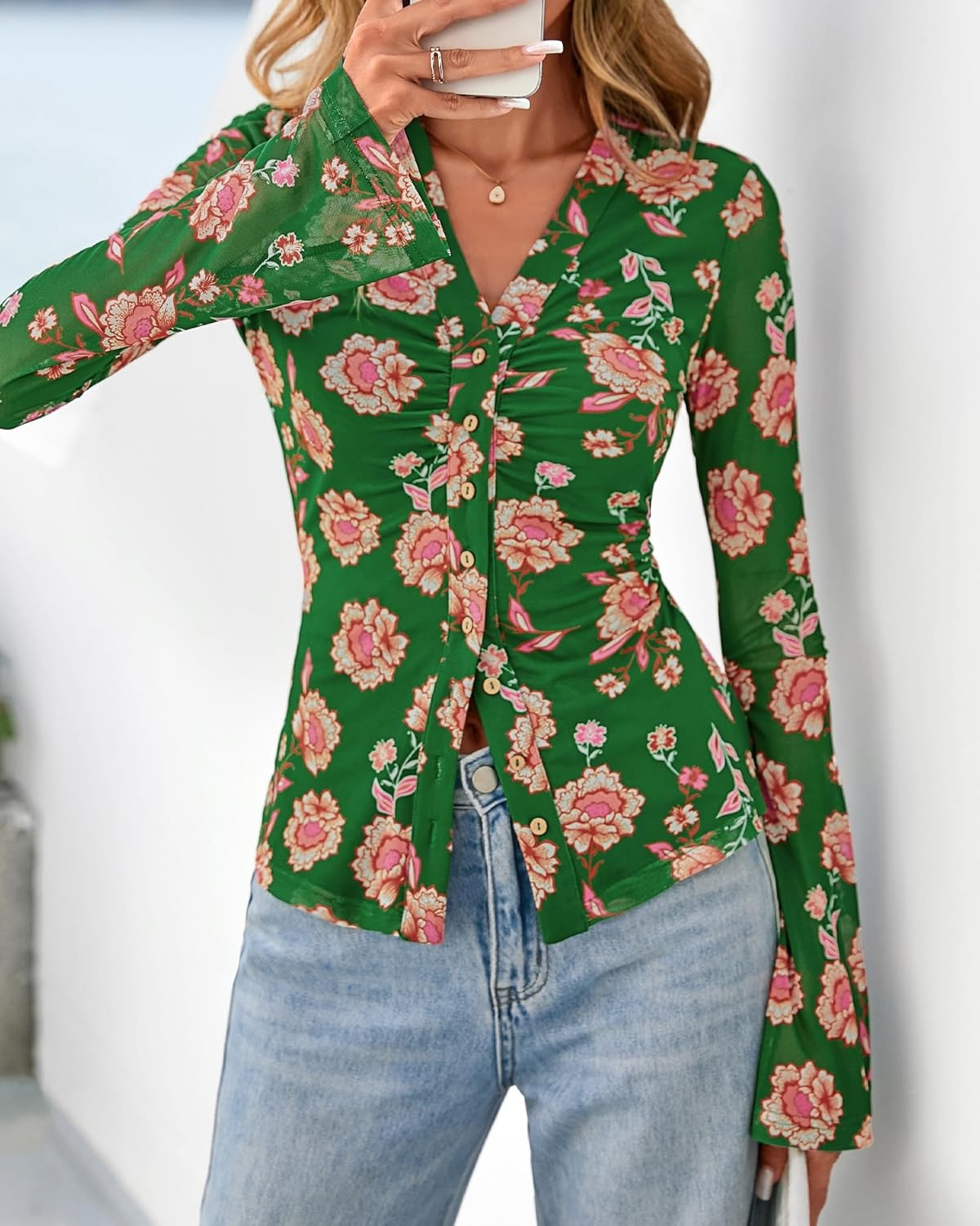 image:imageBTFBM Button Down Shirts for Women 2026 Spring Boho Tops V Neck Long Sleeve Blouses Ruched Mesh Fitted Fashion ClothingGreen
