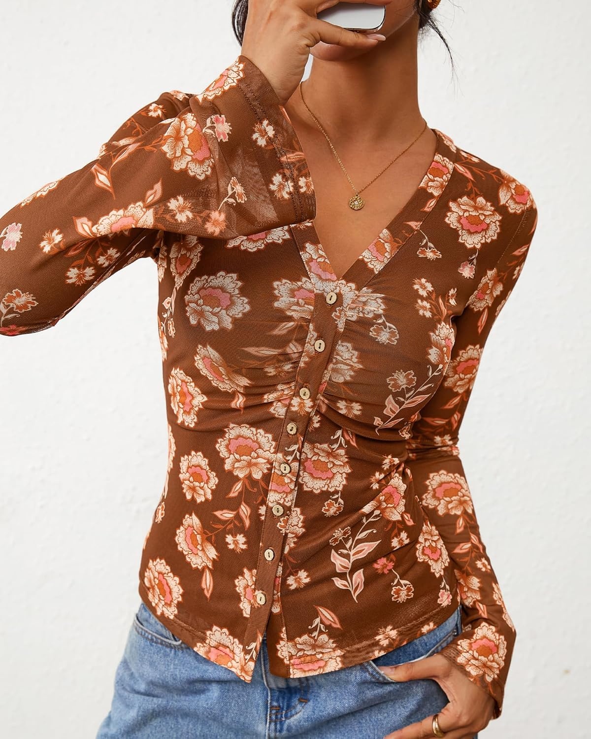 image:imageBTFBM Button Down Shirts for Women 2026 Spring Boho Tops V Neck Long Sleeve Blouses Ruched Mesh Fitted Fashion ClothingKhaki
