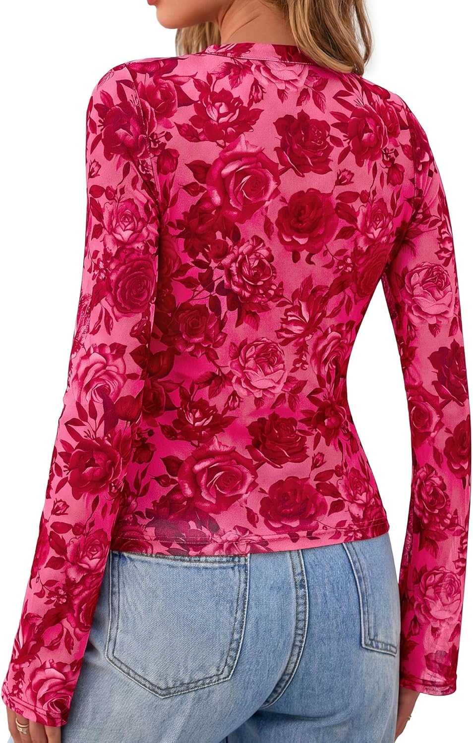 image:imageBTFBM Button Down Shirts for Women 2026 Spring Boho Tops V Neck Long Sleeve Blouses Ruched Mesh Fitted Fashion ClothingPink Red Flower