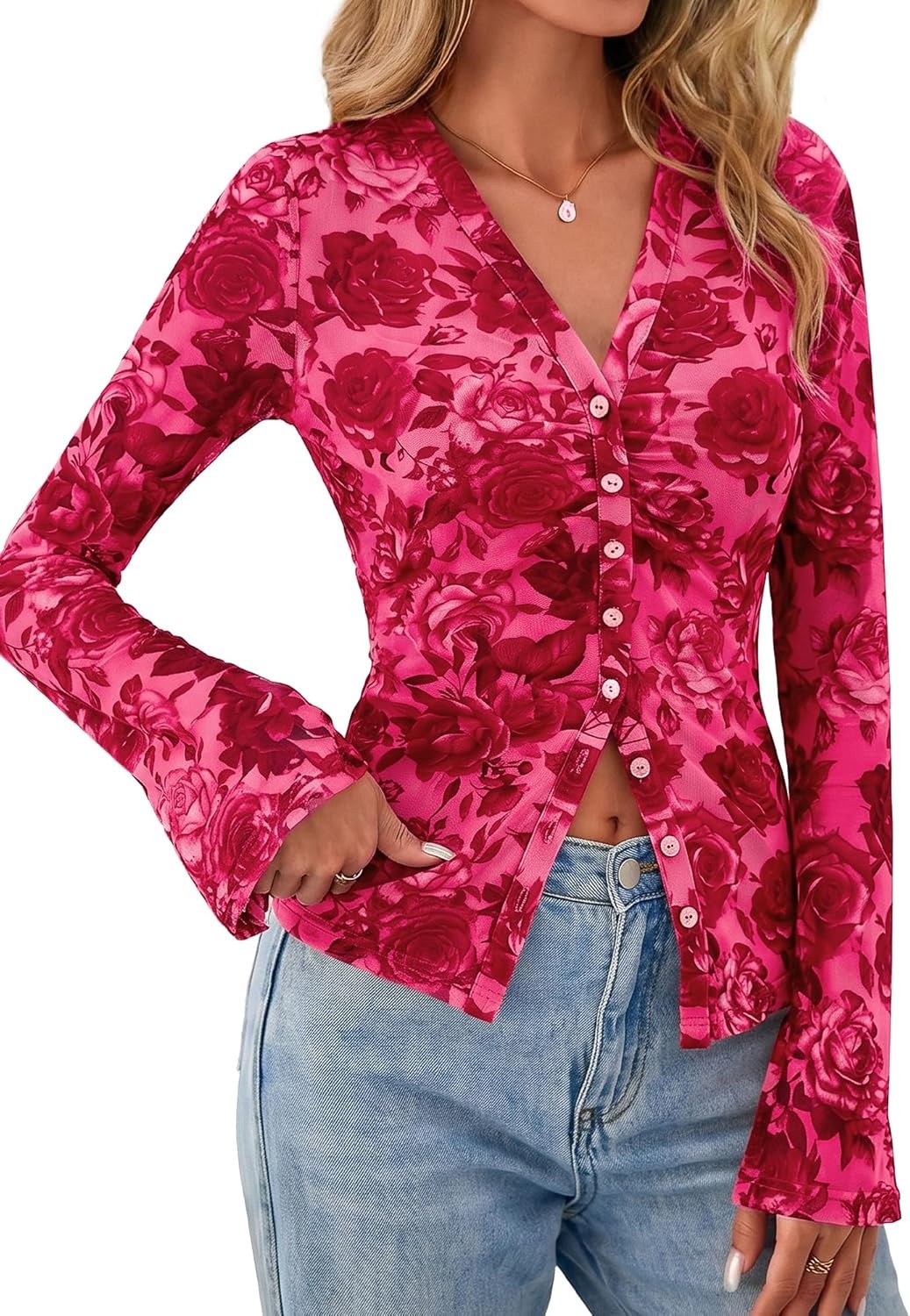 image:imageBTFBM Button Down Shirts for Women 2026 Spring Boho Tops V Neck Long Sleeve Blouses Ruched Mesh Fitted Fashion ClothingPink Red Flower