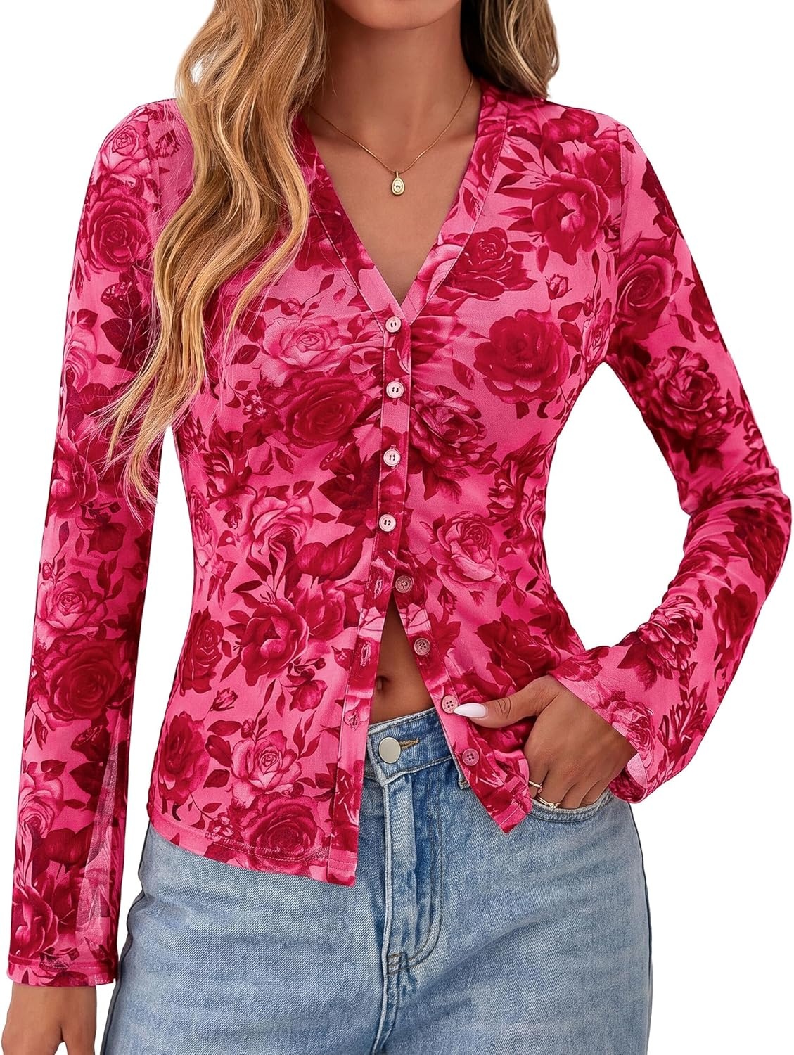 image:imageBTFBM Button Down Shirts for Women 2026 Spring Boho Tops V Neck Long Sleeve Blouses Ruched Mesh Fitted Fashion ClothingPink Red Flower
