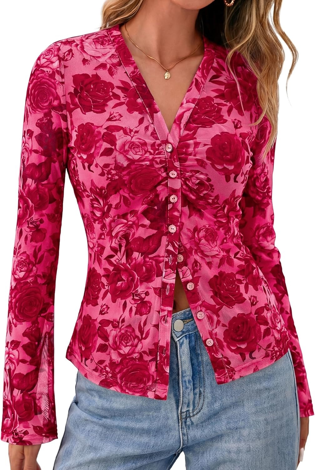 image:imageBTFBM Button Down Shirts for Women 2026 Spring Boho Tops V Neck Long Sleeve Blouses Ruched Mesh Fitted Fashion ClothingPink Red Flower