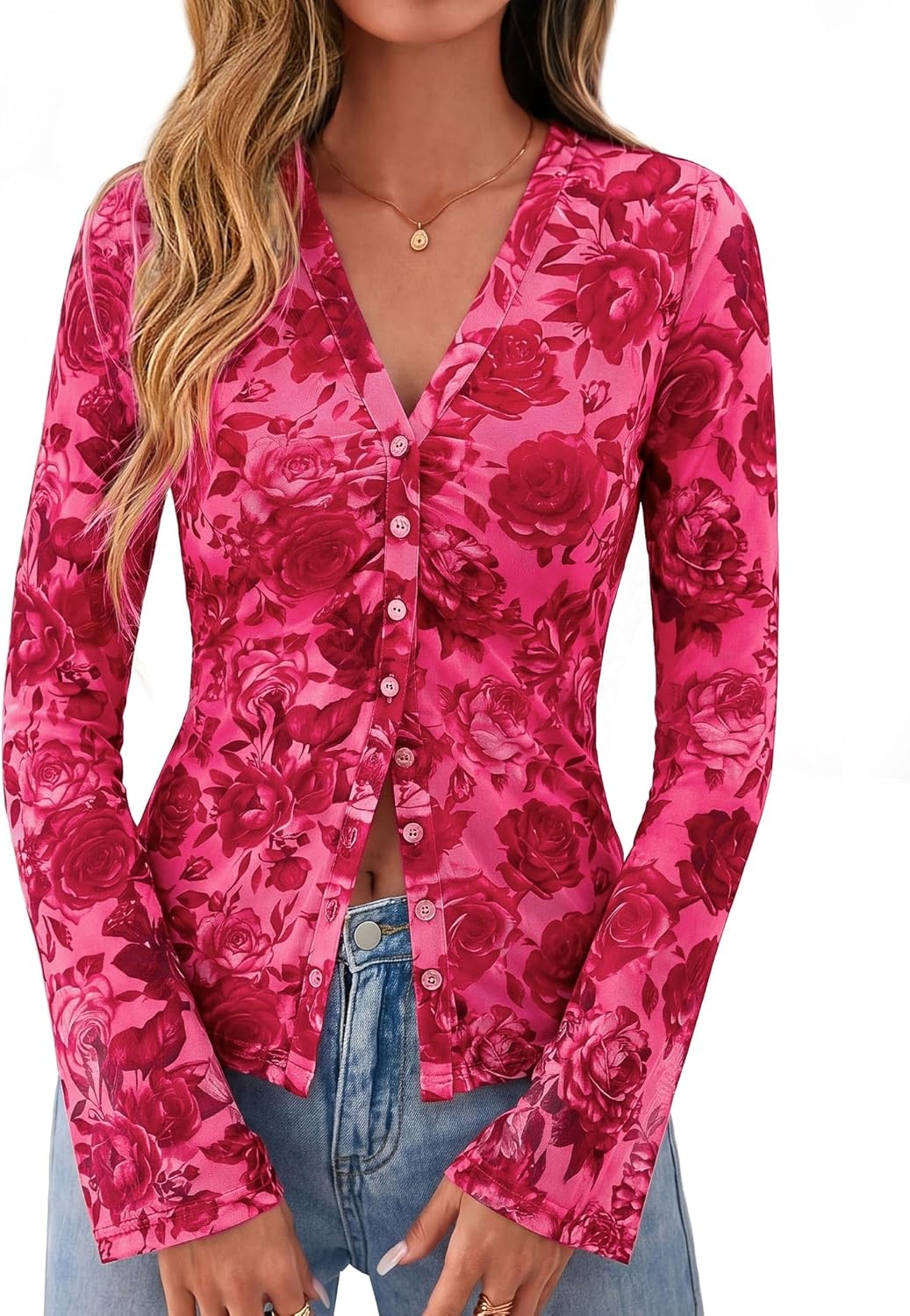 image:imageBTFBM Button Down Shirts for Women 2026 Spring Boho Tops V Neck Long Sleeve Blouses Ruched Mesh Fitted Fashion ClothingPink Red Flower