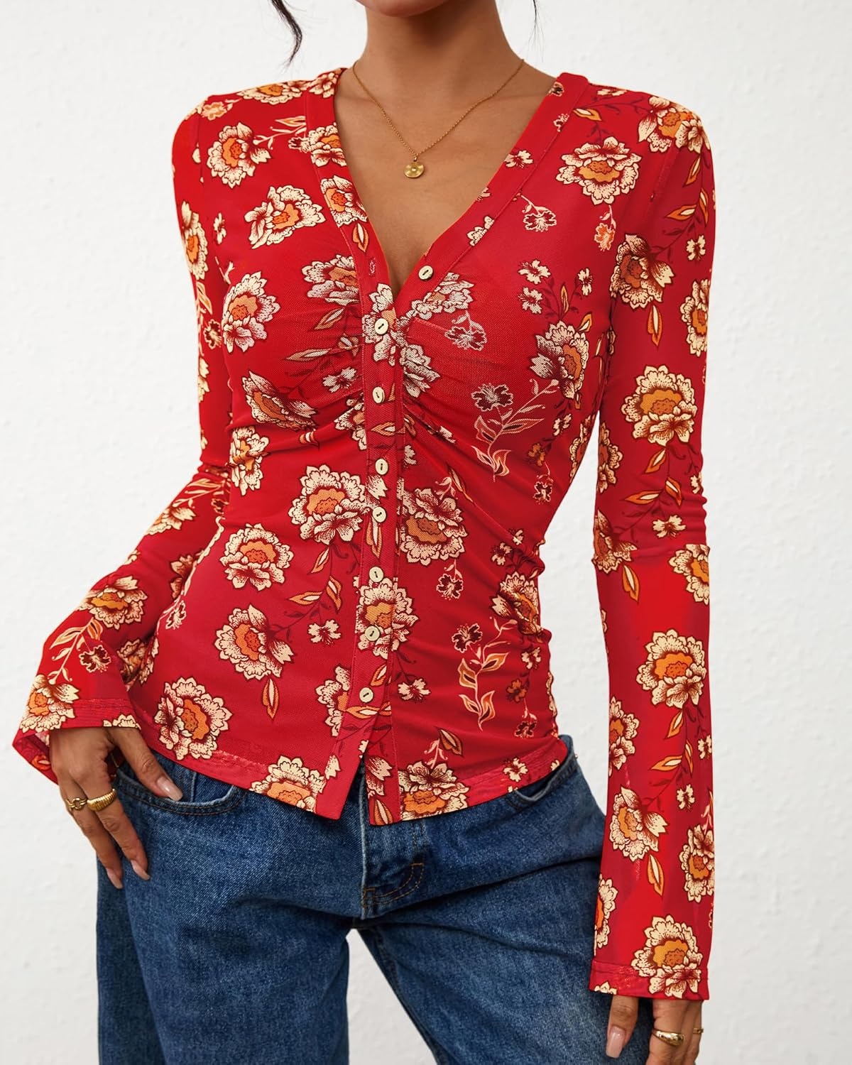 image:imageBTFBM Button Down Shirts for Women 2026 Spring Boho Tops V Neck Long Sleeve Blouses Ruched Mesh Fitted Fashion ClothingRed