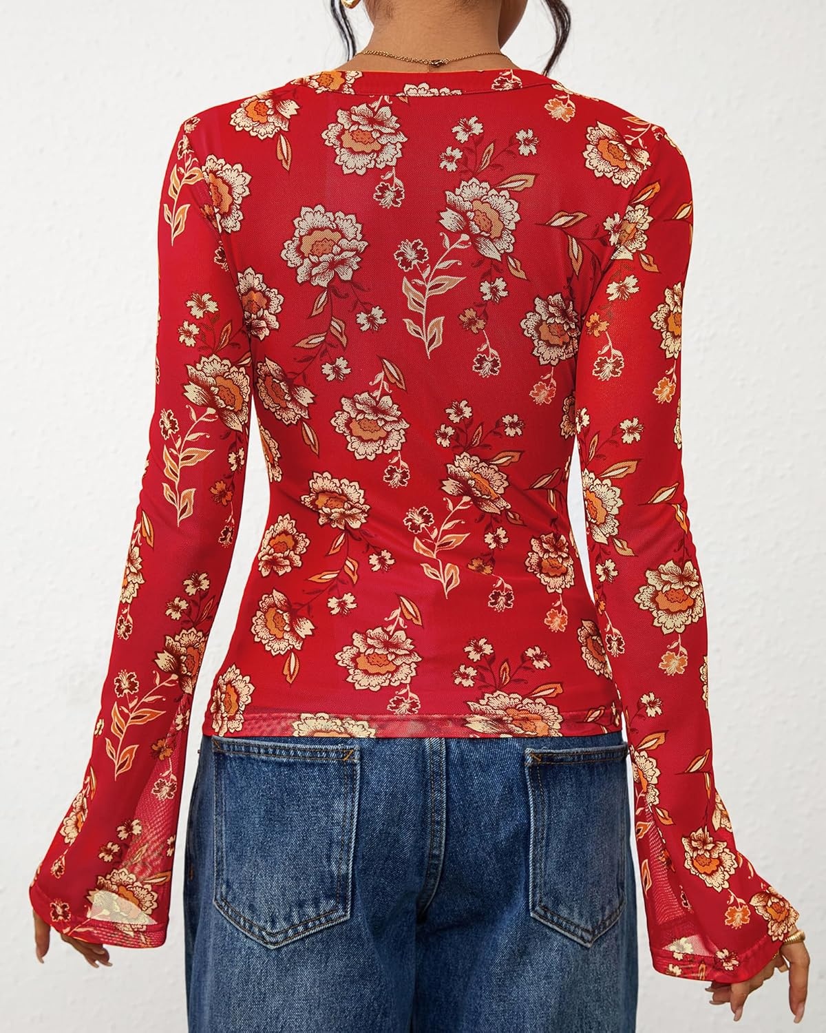image:imageBTFBM Button Down Shirts for Women 2026 Spring Boho Tops V Neck Long Sleeve Blouses Ruched Mesh Fitted Fashion ClothingRed