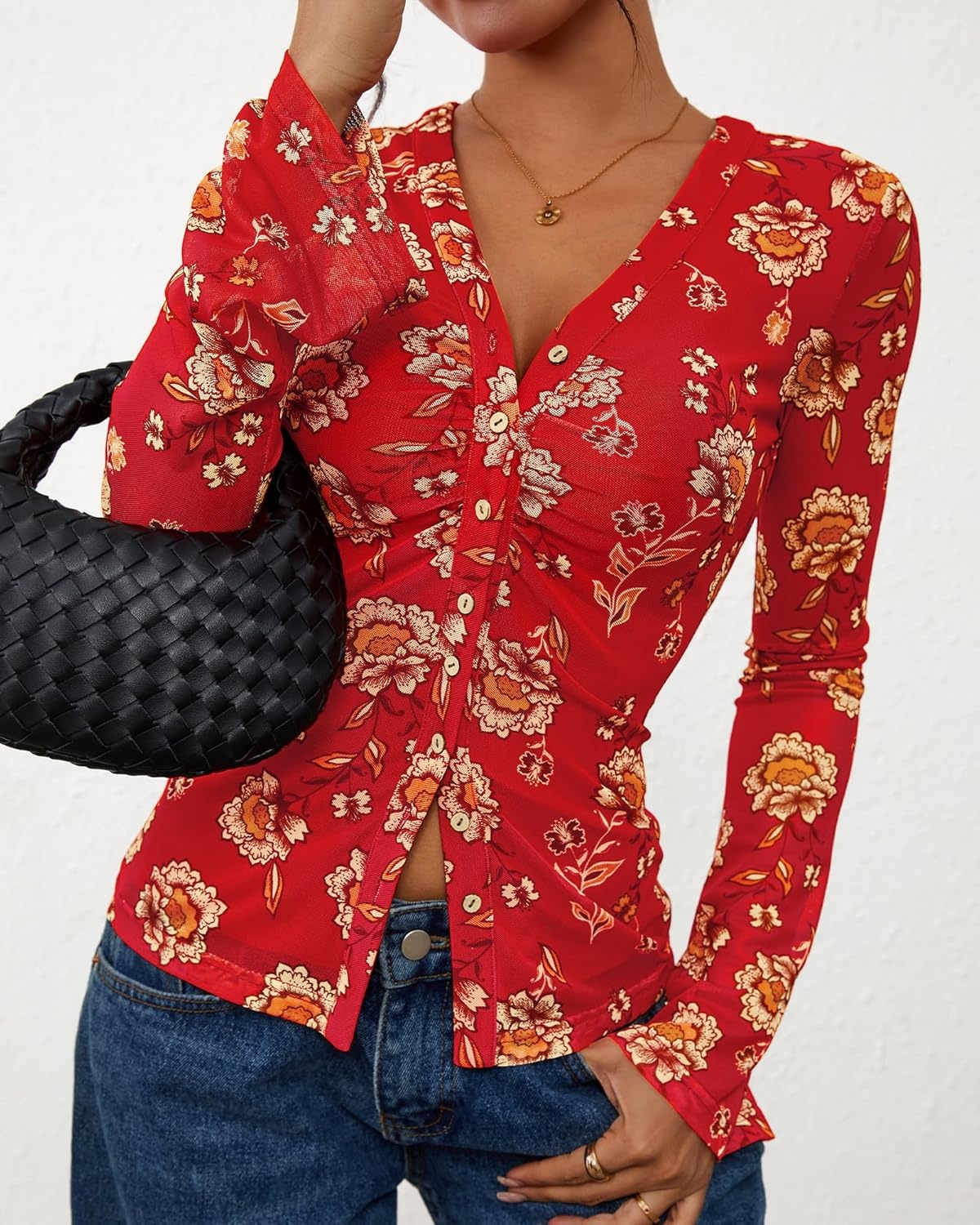 image:imageBTFBM Button Down Shirts for Women 2026 Spring Boho Tops V Neck Long Sleeve Blouses Ruched Mesh Fitted Fashion ClothingRed
