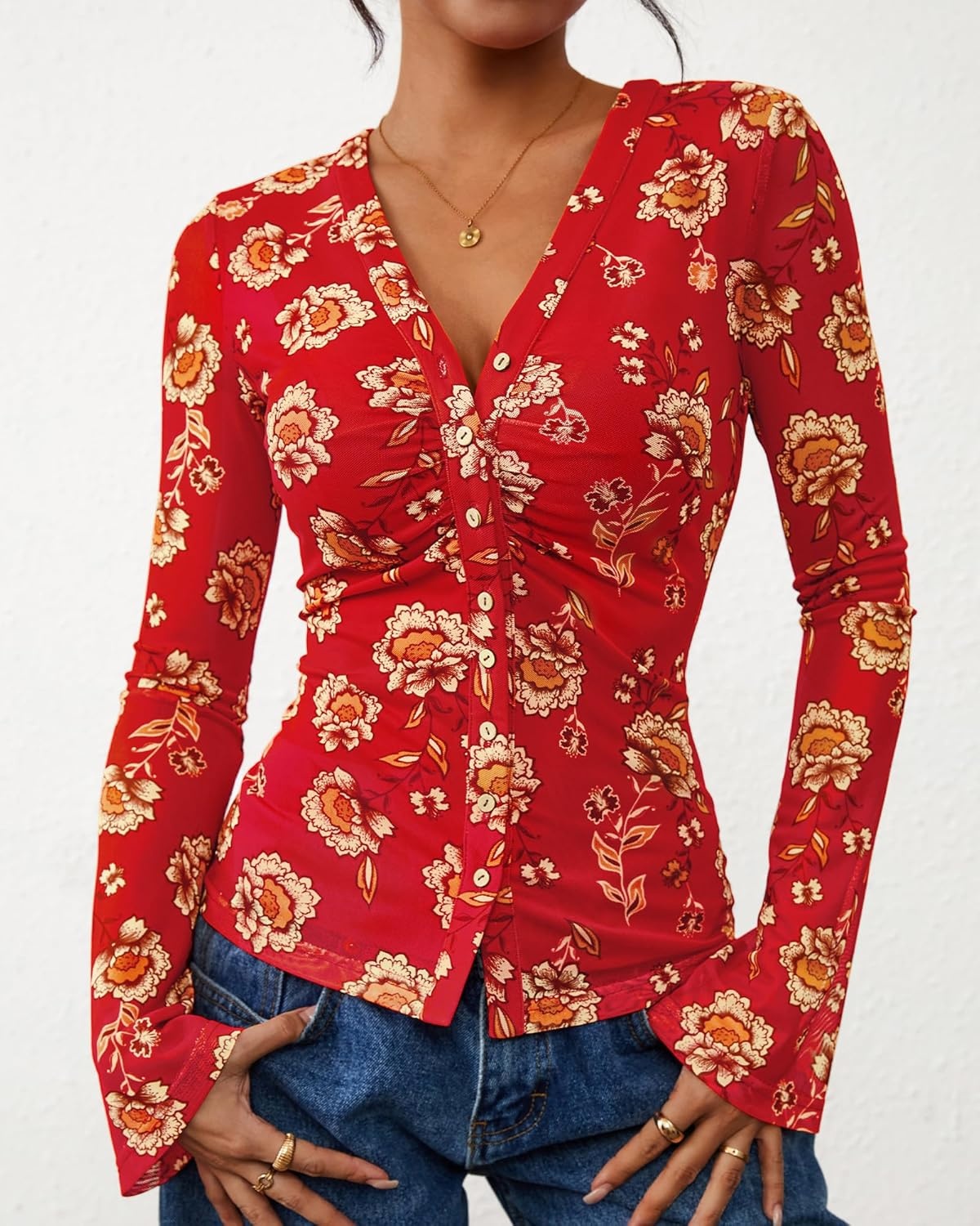 image:imageBTFBM Button Down Shirts for Women 2026 Spring Boho Tops V Neck Long Sleeve Blouses Ruched Mesh Fitted Fashion ClothingRed
