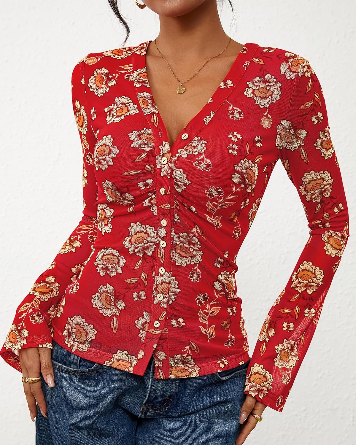 image:imageBTFBM Button Down Shirts for Women 2026 Spring Boho Tops V Neck Long Sleeve Blouses Ruched Mesh Fitted Fashion ClothingRed