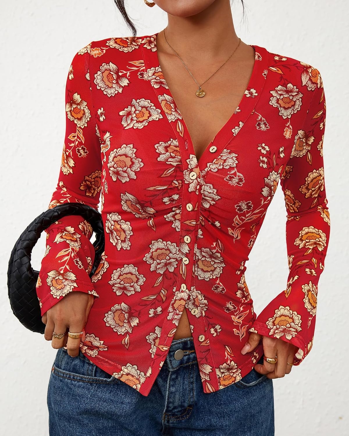 image:imageBTFBM Button Down Shirts for Women 2026 Spring Boho Tops V Neck Long Sleeve Blouses Ruched Mesh Fitted Fashion ClothingRed