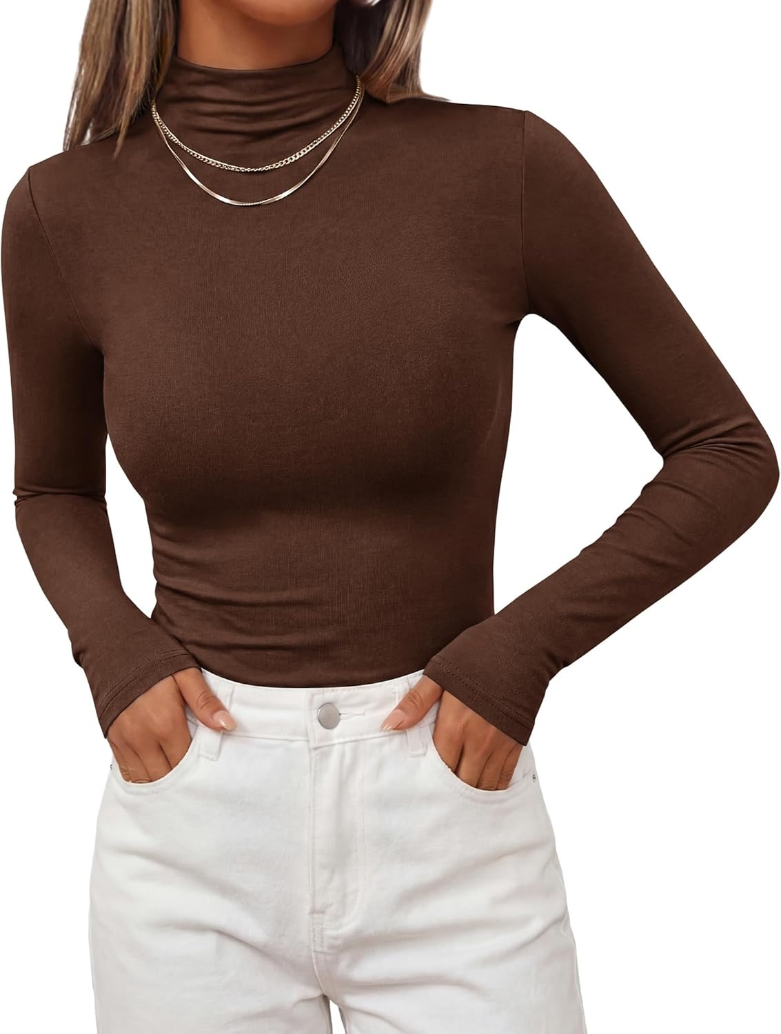 image:imageBTFBM Mock Turtleneck Tops for Women Long Sleeve Shirts Fitted Fall Fashion Clothing Basic Thermal Layering UndershirtsBrown