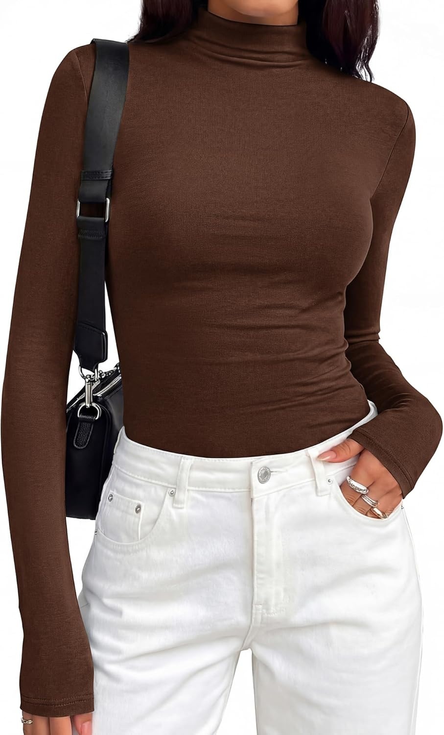 image:imageBTFBM Mock Turtleneck Tops for Women Long Sleeve Shirts Fitted Fall Fashion Clothing Basic Thermal Layering UndershirtsBrown