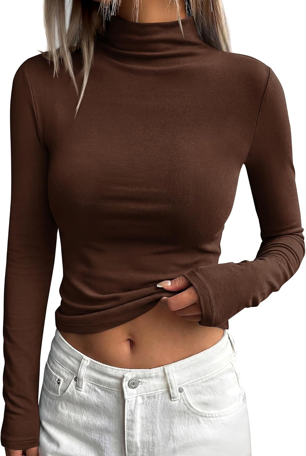 image:imageBTFBM Mock Turtleneck Tops for Women Long Sleeve Shirts Fitted Fall Fashion Clothing Basic Thermal Layering UndershirtsBrown
