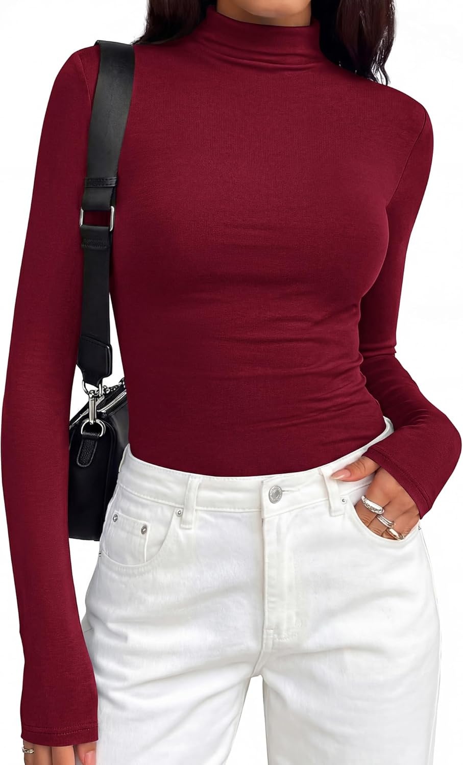 image:imageBTFBM Mock Turtleneck Tops for Women Long Sleeve Shirts Fitted Fall Fashion Clothing Basic Thermal Layering UndershirtsBurgundy