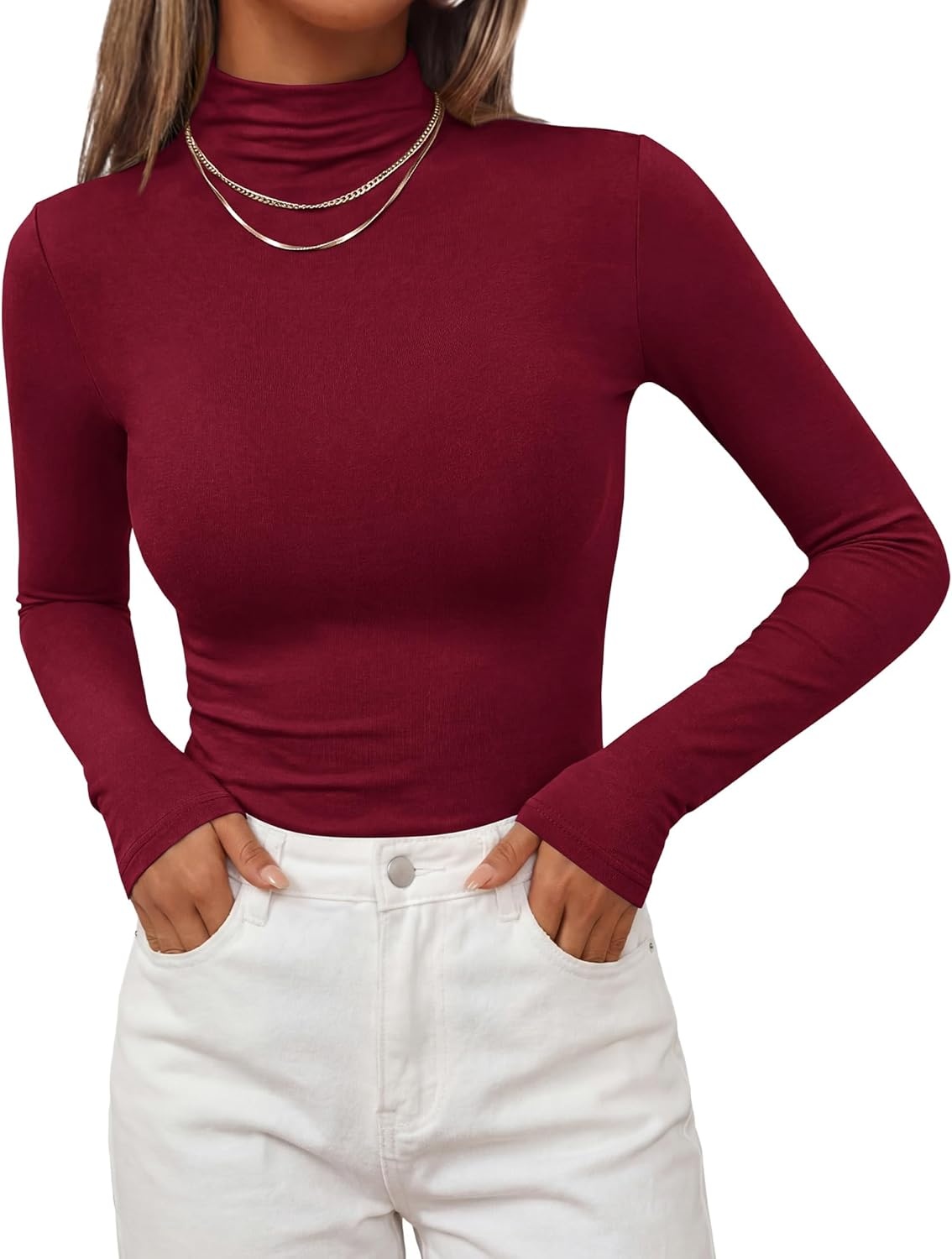 image:imageBTFBM Mock Turtleneck Tops for Women Long Sleeve Shirts Fitted Fall Fashion Clothing Basic Thermal Layering UndershirtsBurgundy