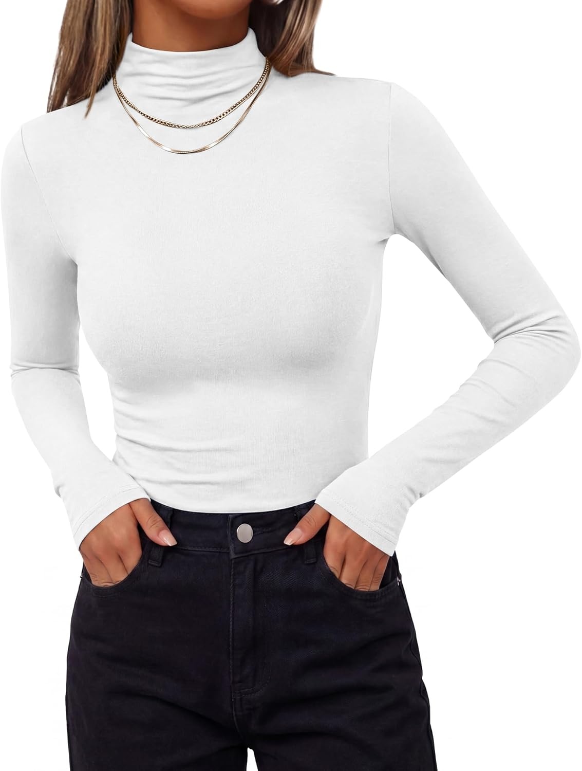 image:imageBTFBM Mock Turtleneck Tops for Women Long Sleeve Shirts Fitted Fall Fashion Clothing Basic Thermal Layering UndershirtsWhite