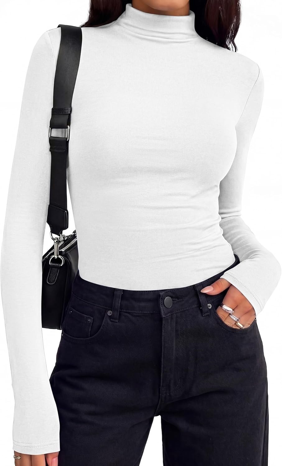image:imageBTFBM Mock Turtleneck Tops for Women Long Sleeve Shirts Fitted Fall Fashion Clothing Basic Thermal Layering UndershirtsWhite