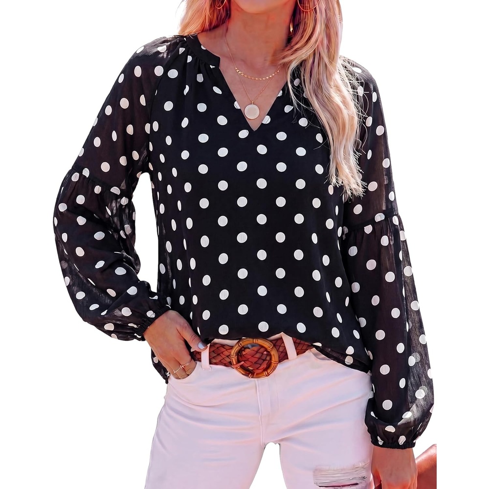 image:imageBTFBM Blouses for Women Dressy Casual Floral Summer Boho Tops V Neck Lightweight Long Sleeve Shirts Spring Clothes 2026Polka Dot Black White