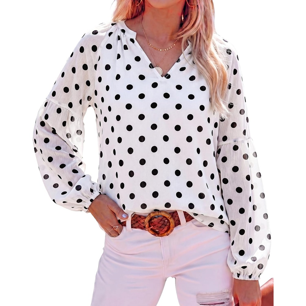 image:imageBTFBM Blouses for Women Dressy Casual Floral Summer Boho Tops V Neck Lightweight Long Sleeve Shirts Spring Clothes 2026Polka Dot White Black