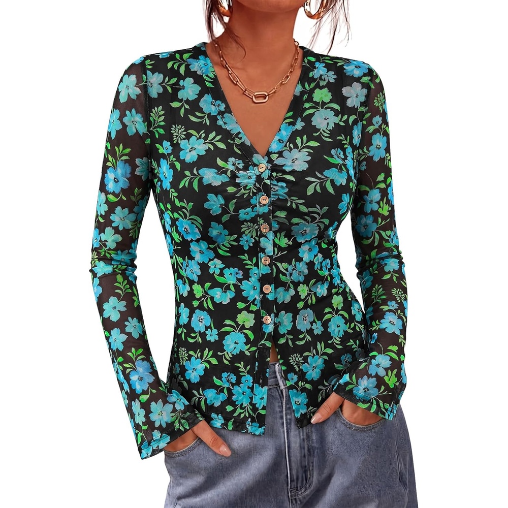 image:imageBTFBM Button Down Shirts for Women 2026 Spring Boho Tops V Neck Long Sleeve Blouses Ruched Mesh Fitted Fashion ClothingBlack Blue Flower
