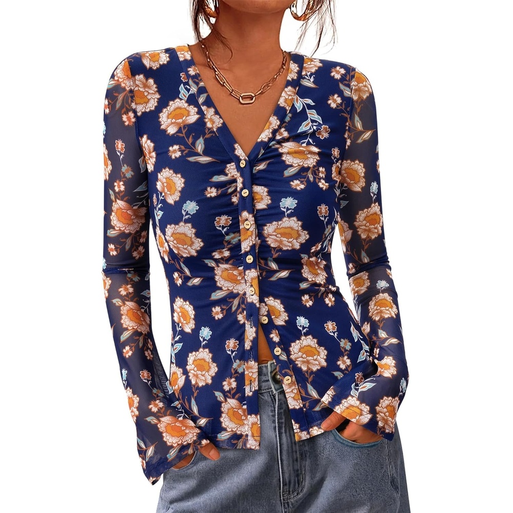 image:imageBTFBM Button Down Shirts for Women 2026 Spring Boho Tops V Neck Long Sleeve Blouses Ruched Mesh Fitted Fashion ClothingBlue
