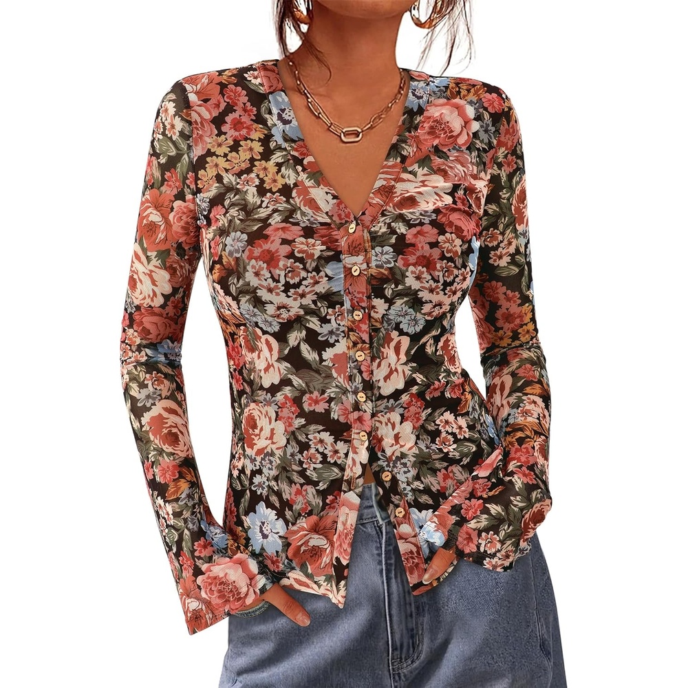 image:imageBTFBM Button Down Shirts for Women 2026 Spring Boho Tops V Neck Long Sleeve Blouses Ruched Mesh Fitted Fashion ClothingFloral Black Red