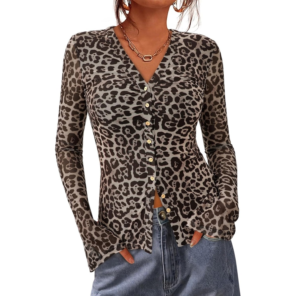image:imageBTFBM Button Down Shirts for Women 2026 Spring Boho Tops V Neck Long Sleeve Blouses Ruched Mesh Fitted Fashion ClothingLeopard