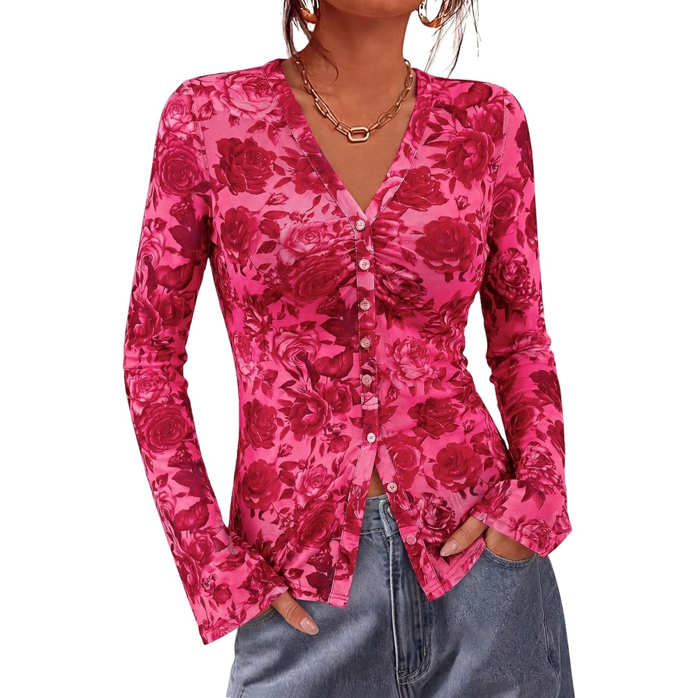 image:imageBTFBM Button Down Shirts for Women 2026 Spring Boho Tops V Neck Long Sleeve Blouses Ruched Mesh Fitted Fashion ClothingPink Red Flower
