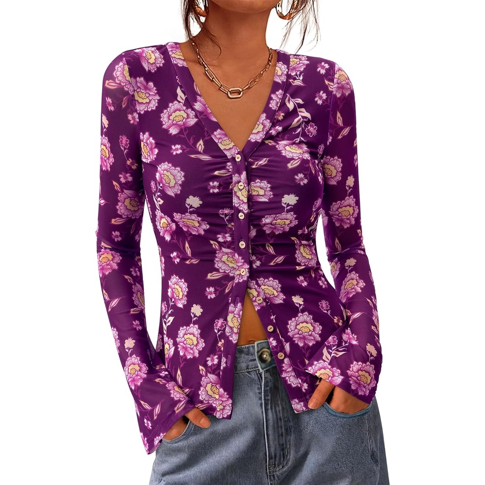 image:imageBTFBM Button Down Shirts for Women 2026 Spring Boho Tops V Neck Long Sleeve Blouses Ruched Mesh Fitted Fashion ClothingPurple