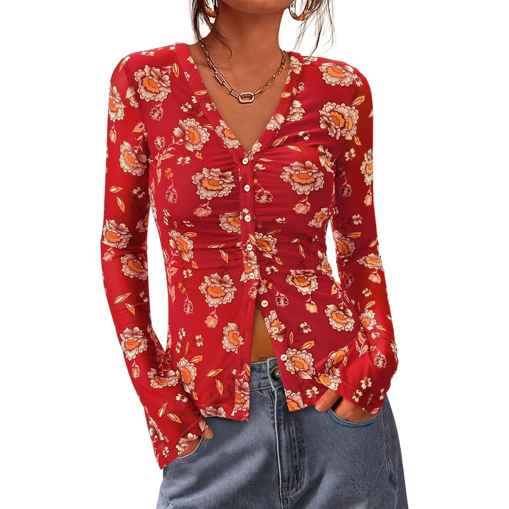 image:imageBTFBM Button Down Shirts for Women 2026 Spring Boho Tops V Neck Long Sleeve Blouses Ruched Mesh Fitted Fashion ClothingRed