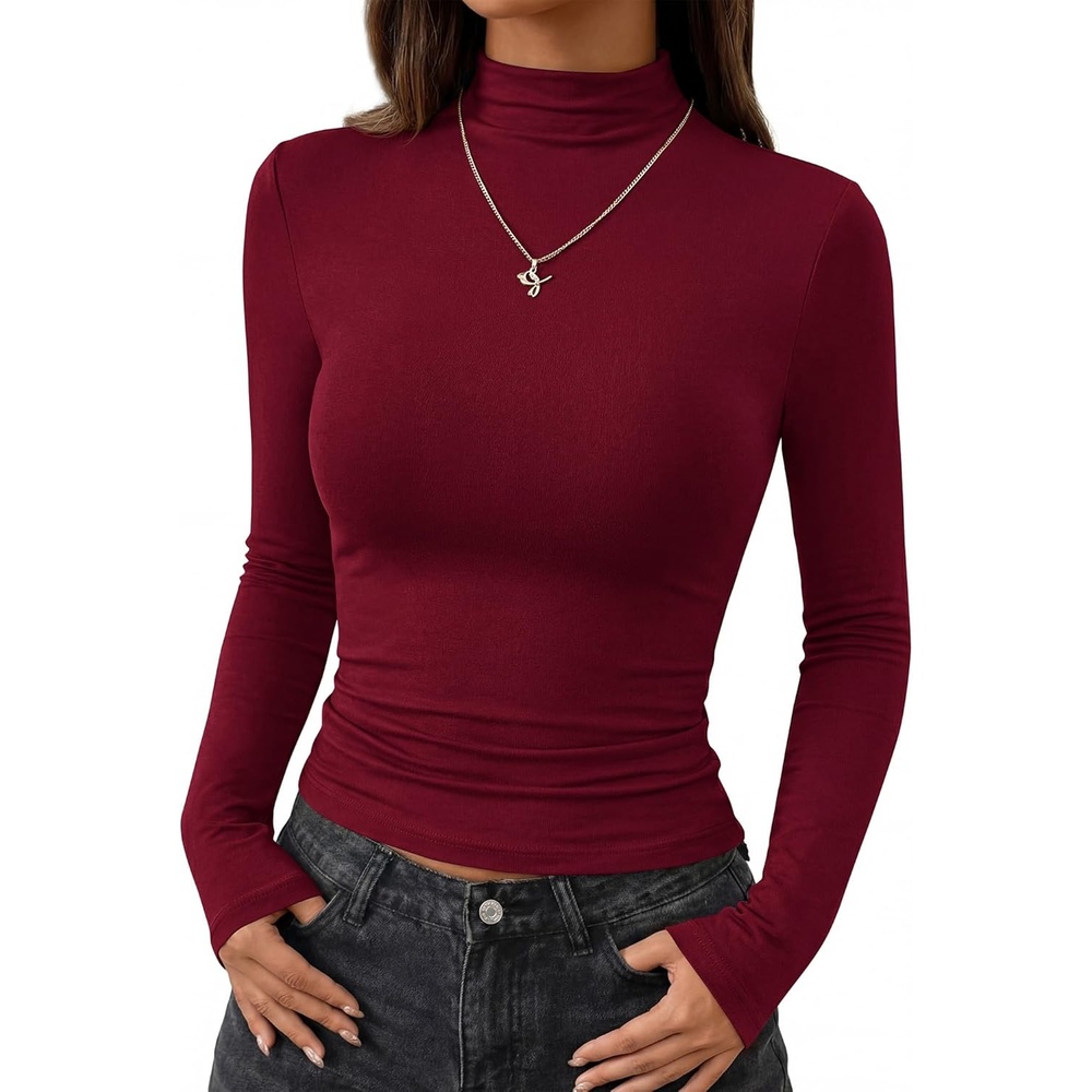 image:imageBTFBM Mock Turtleneck Tops for Women Long Sleeve Shirts Fitted Fall Fashion Clothing Basic Thermal Layering UndershirtsBurgundy