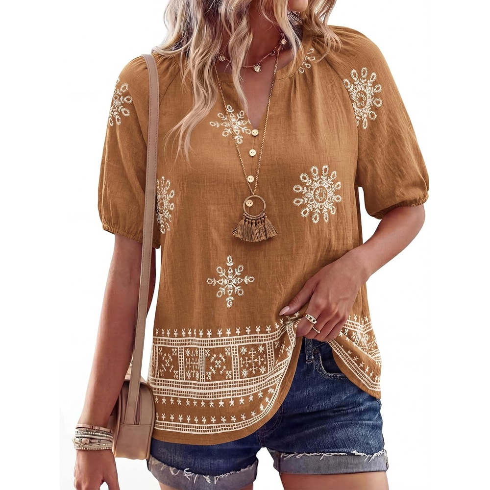 image:imageBTFBM Womens Summer Boho Tops Casual V Neck Short Sleeve Blouses Floral Print Shirt Tie Front Beach Vacation Fashion ClothingFloral Khaki Apricot