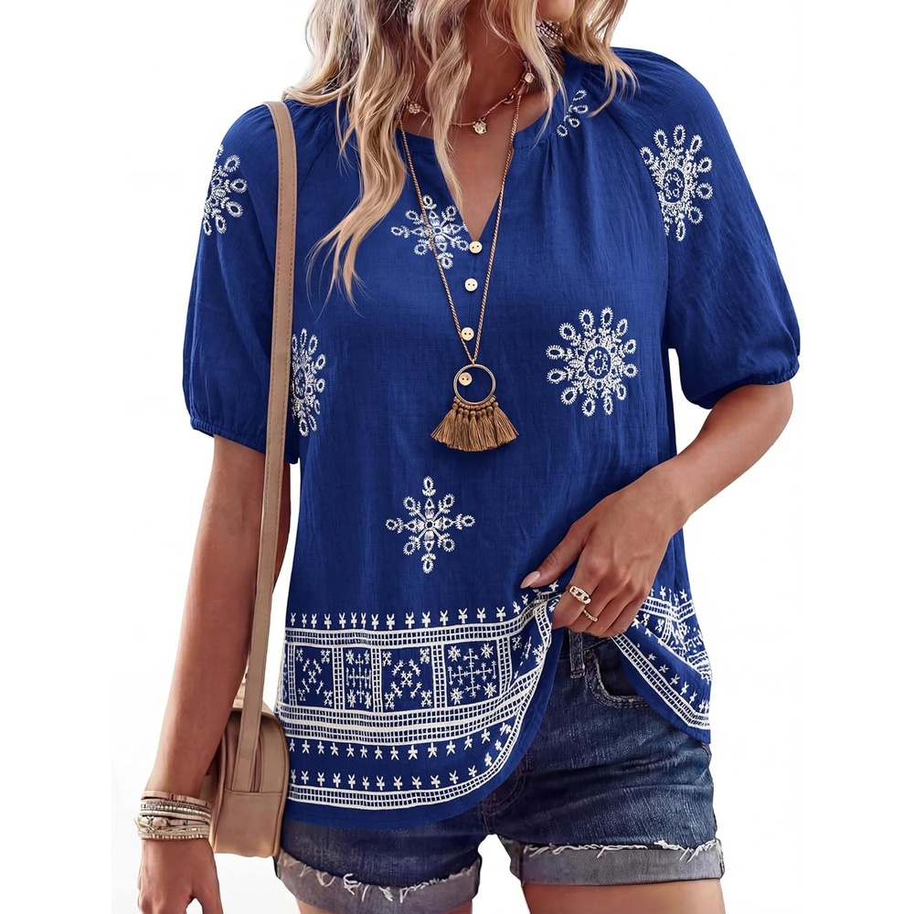 image:imageBTFBM Womens Summer Boho Tops Casual V Neck Short Sleeve Blouses Floral Print Shirt Tie Front Beach Vacation Fashion ClothingFloral Royal Blue White