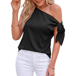 BTFBM 2026 Off The Shoulder Tops for Women Summer Shirts Short Sleeve Satin Blouses Silk Going Out Top Beach Vacation(Black)