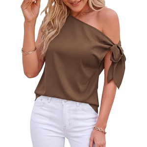 BTFBM 2026 Off The Shoulder Tops for Women Summer Shirts Short Sleeve Satin Blouses Silk Going Out Top Beach Vacation(Brown)