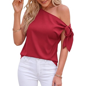BTFBM 2026 Off The Shoulder Tops for Women Summer Shirts Short Sleeve Satin Blouses Silk Going Out Top Beach Vacation(Red)