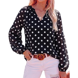 BTFBM Blouses for Women Dressy Casual Floral Summer Boho Tops V Neck Lightweight Long Sleeve Shirts Spring Clothes 2026(Polka Dot Black White)