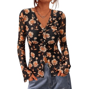 BTFBM Button Down Shirts for Women 2026 Spring Boho Tops V Neck Long Sleeve Blouses Ruched Mesh Fitted Fashion Clothing(Black)