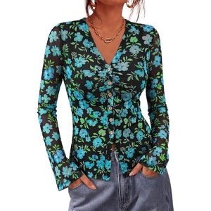 BTFBM Button Down Shirts for Women 2026 Spring Boho Tops V Neck Long Sleeve Blouses Ruched Mesh Fitted Fashion Clothing(Black Blue Flower)