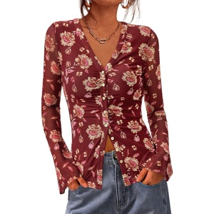 BTFBM Button Down Shirts for Women 2026 Spring Boho Tops V Neck Long Sleeve Blouses Ruched Mesh Fitted Fashion Clothing(Brown)