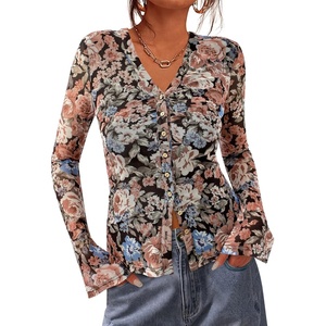 BTFBM Button Down Shirts for Women 2026 Spring Boho Tops V Neck Long Sleeve Blouses Ruched Mesh Fitted Fashion Clothing(Floral Black Orange)
